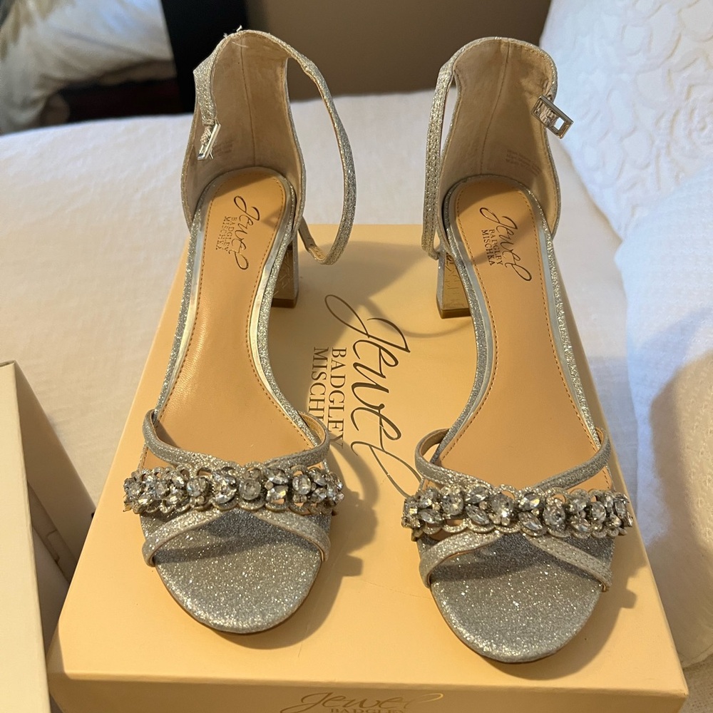 Badgley Mischka Silver Sparkle Heels with Ankle Straps